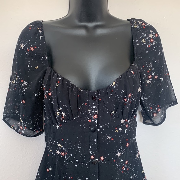 Wild Honey Star Galaxy Print Ruched Bust Button Front Short Sleeve Mini Dress - Picture 4 of 15